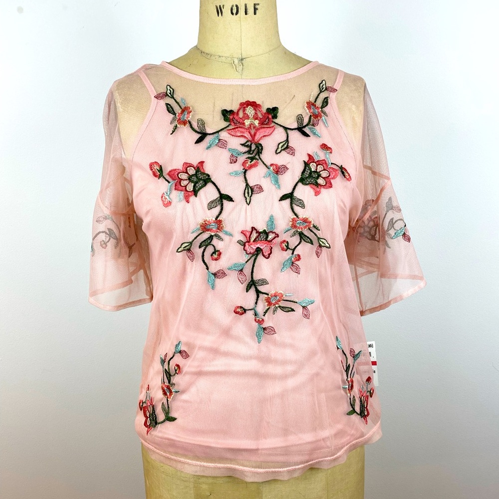 Macys Thalia Embroidered Floral Mesh Tee